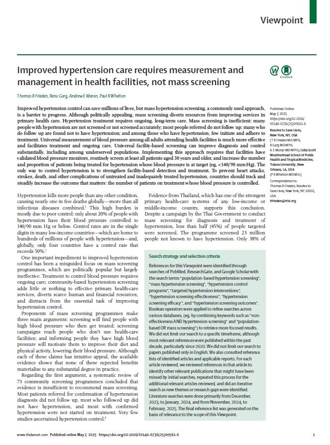 First page of lancet article on hypertension screening