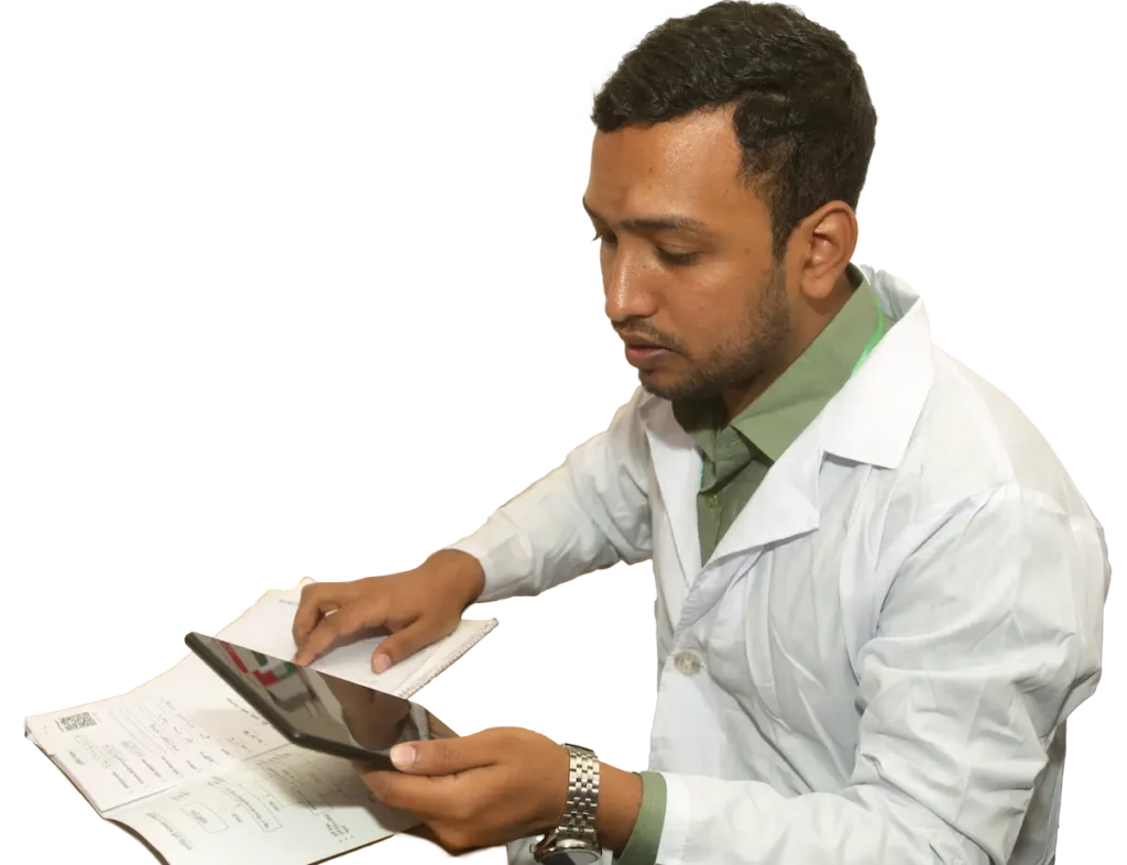 A male Heath Care Worker adds a patients blood pressure information to the Simple app