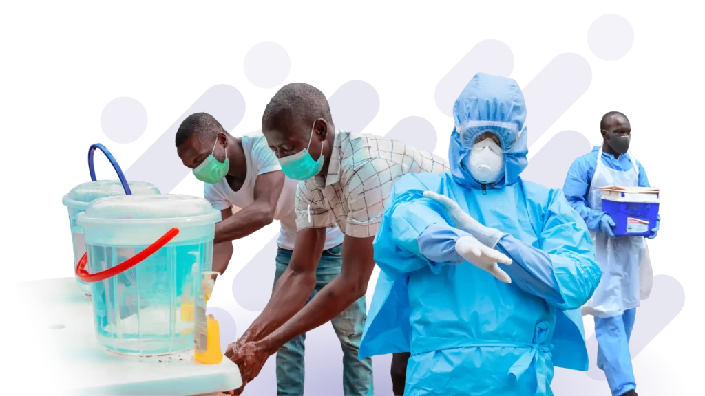A collage of photos from our COVID response - two young african men washing their hands, a healthcare work donning protective equipment and another work in a mask carrying a box of samples
