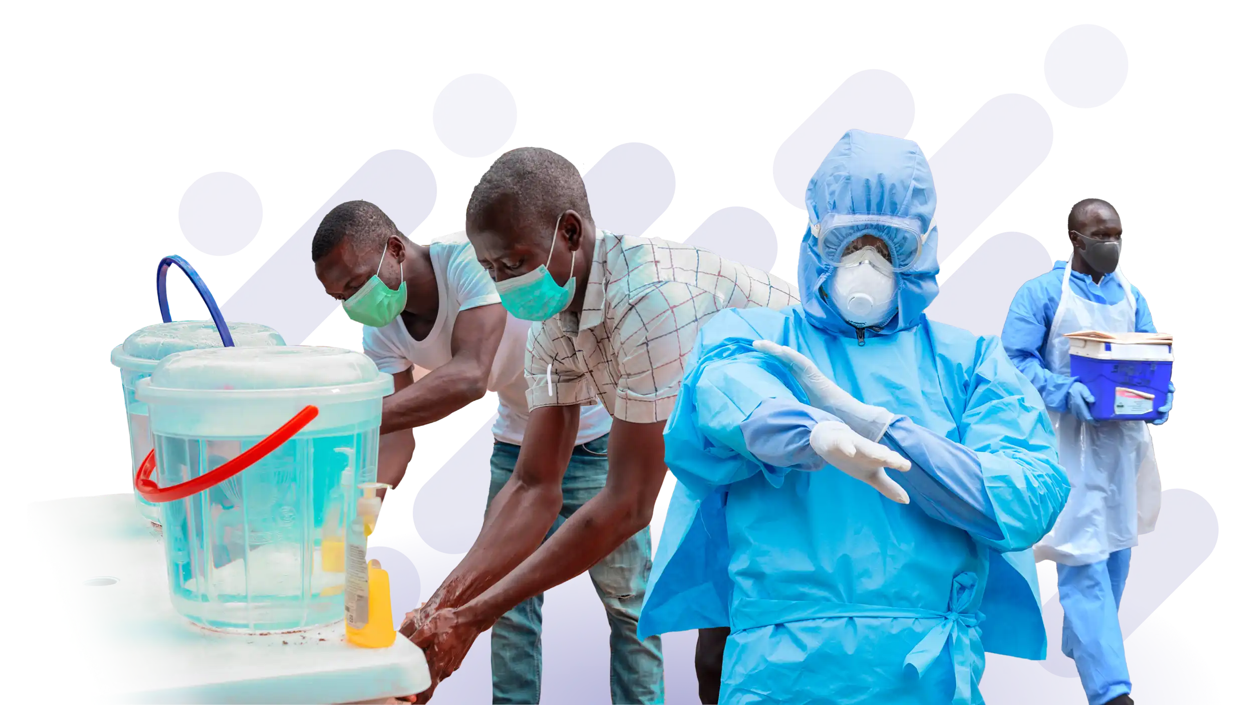 A collage of photos from our COVID response - two young african men washing their hands, a healthcare work donning protective equipment and another work in a mask carrying a box of samples
