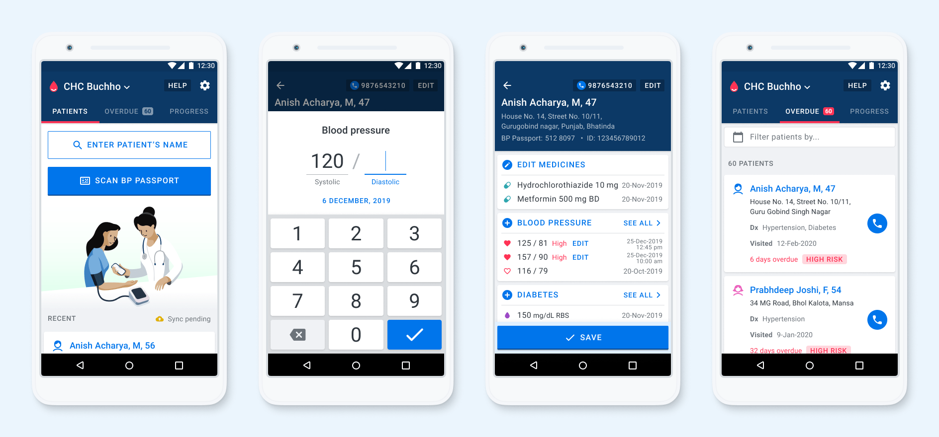 Screenshots (with fake patient data) demonstrating RTSL's Simple App for NCD management: Start dialogue to scan patient's BP passport; BP reading entry; Patient record; list of patients to follow up for facility